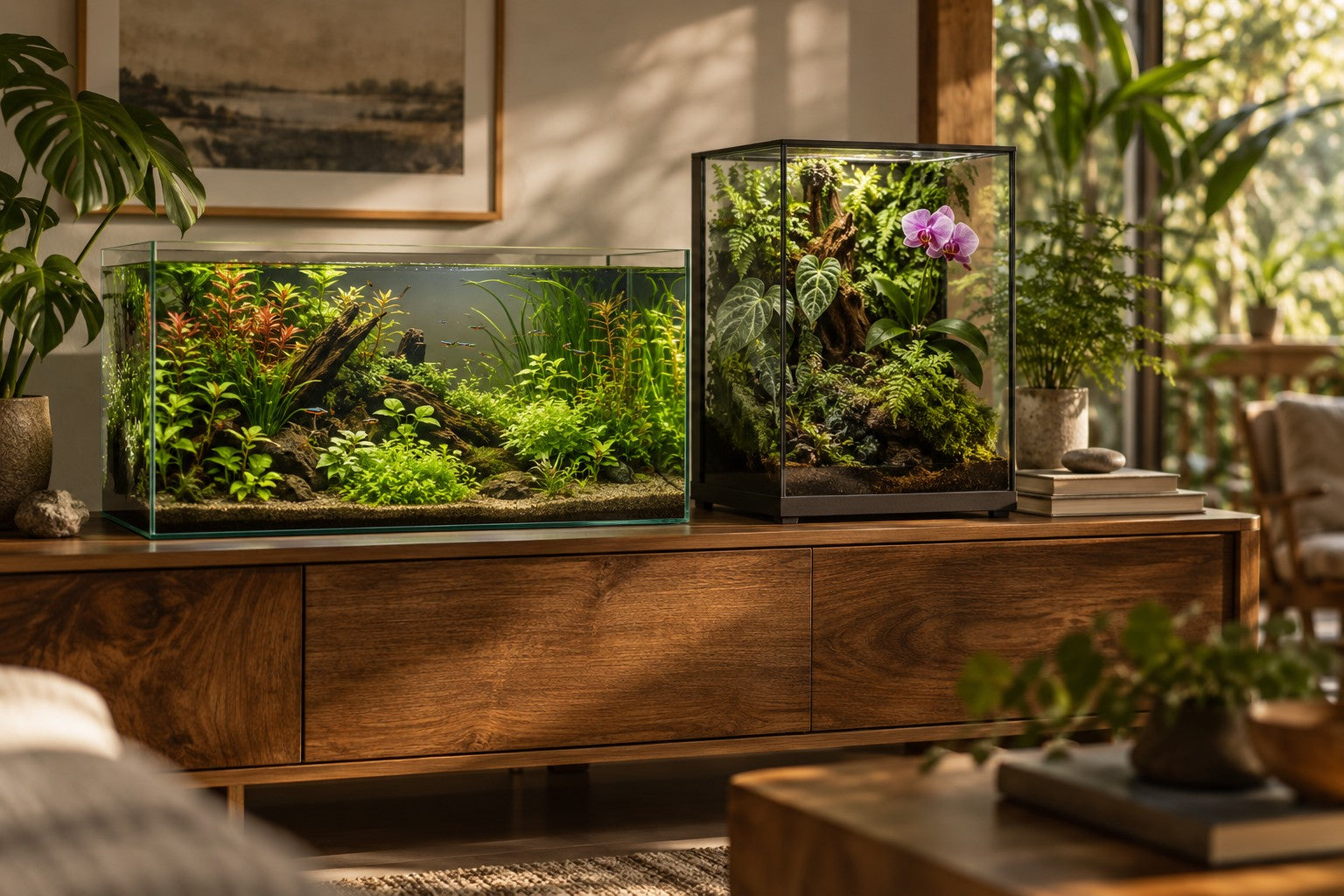 Illustrative planted aquarium and terrarium