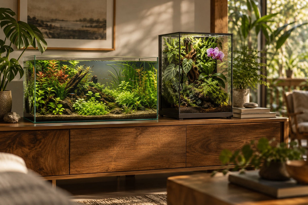 Illustrative planted aquarium and orchid terrarium in a living space