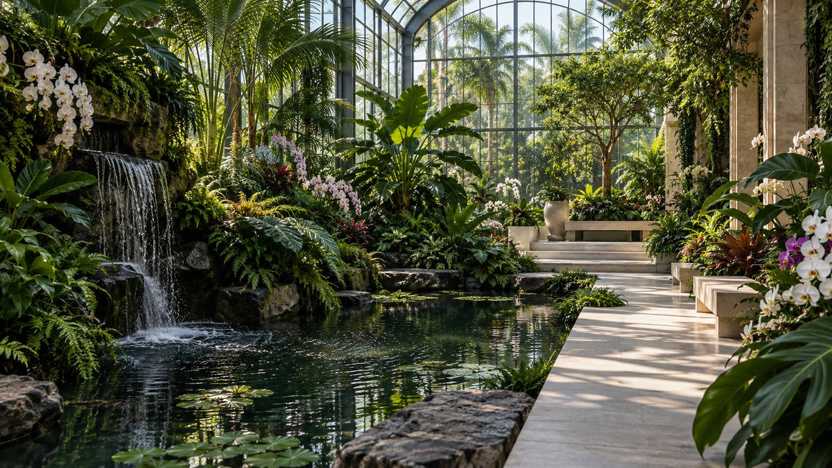Illustrative tropical botanical glasshouse with orchids and a water feature