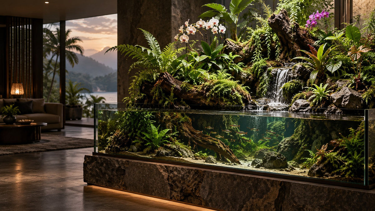 Illustrative tropical paludarium with orchids and aquatic planting