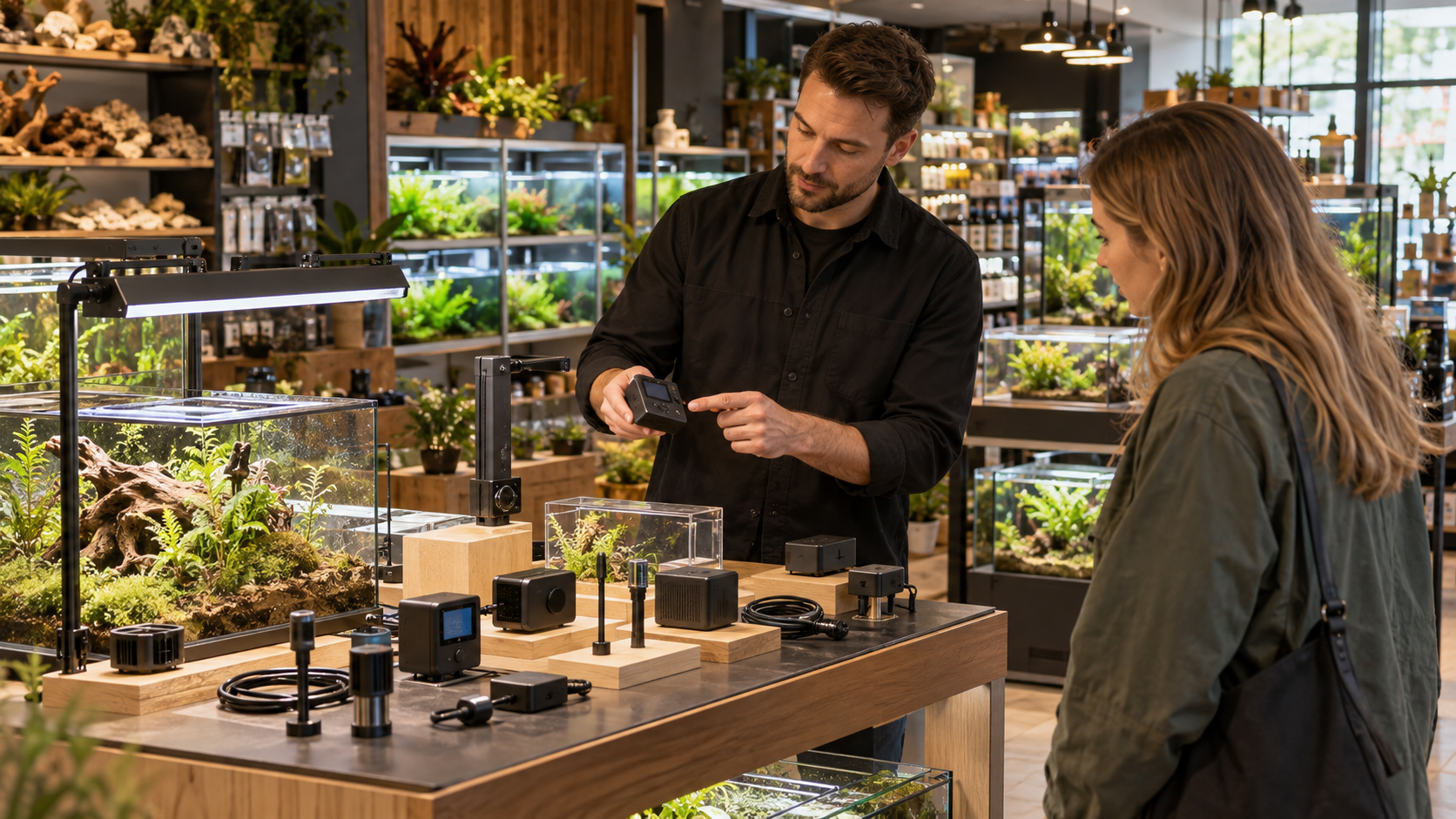 Example specialist aquarium and terrarium retailer with an ecosystem-control equipment display