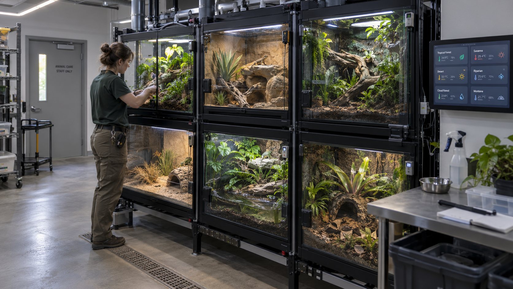 Example professional zoo facility with planted enclosures, discreet automation and local monitoring