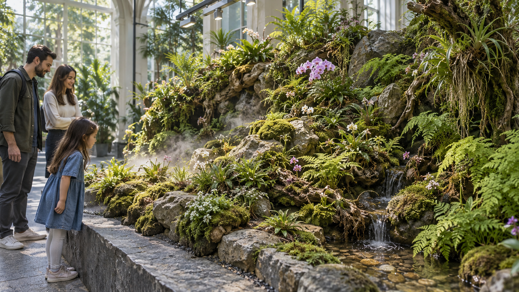 Example open living ecosystem with miniature plants and visitors