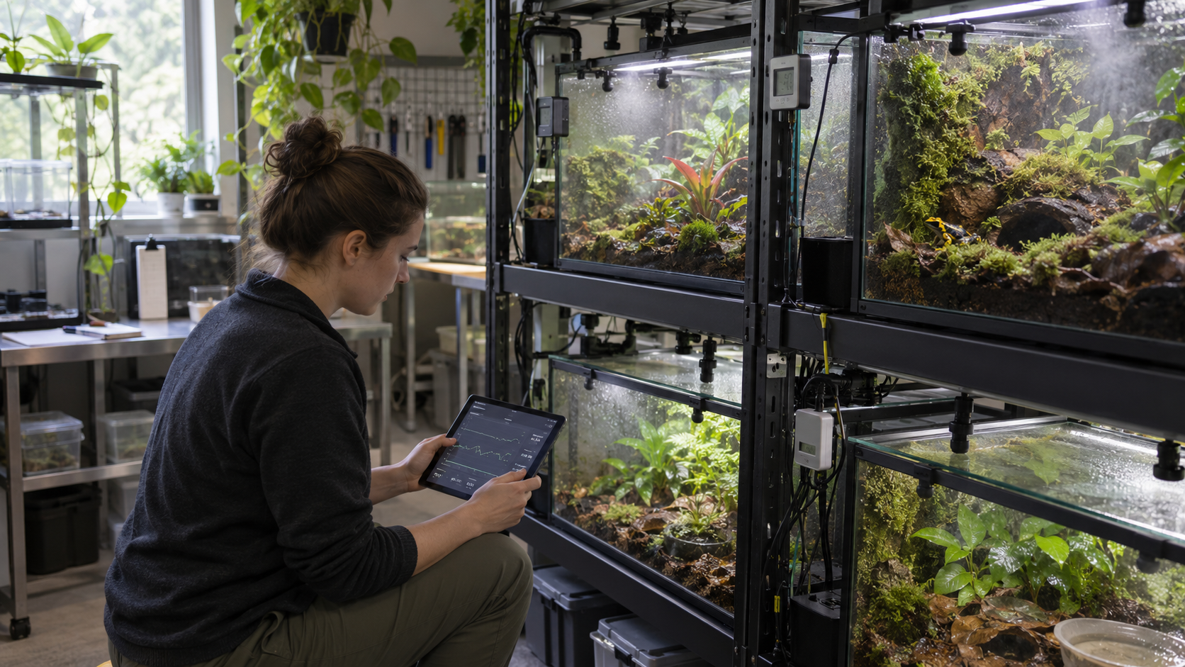 Example small-species breeding room with planted enclosures and a researcher reviewing environmental trends