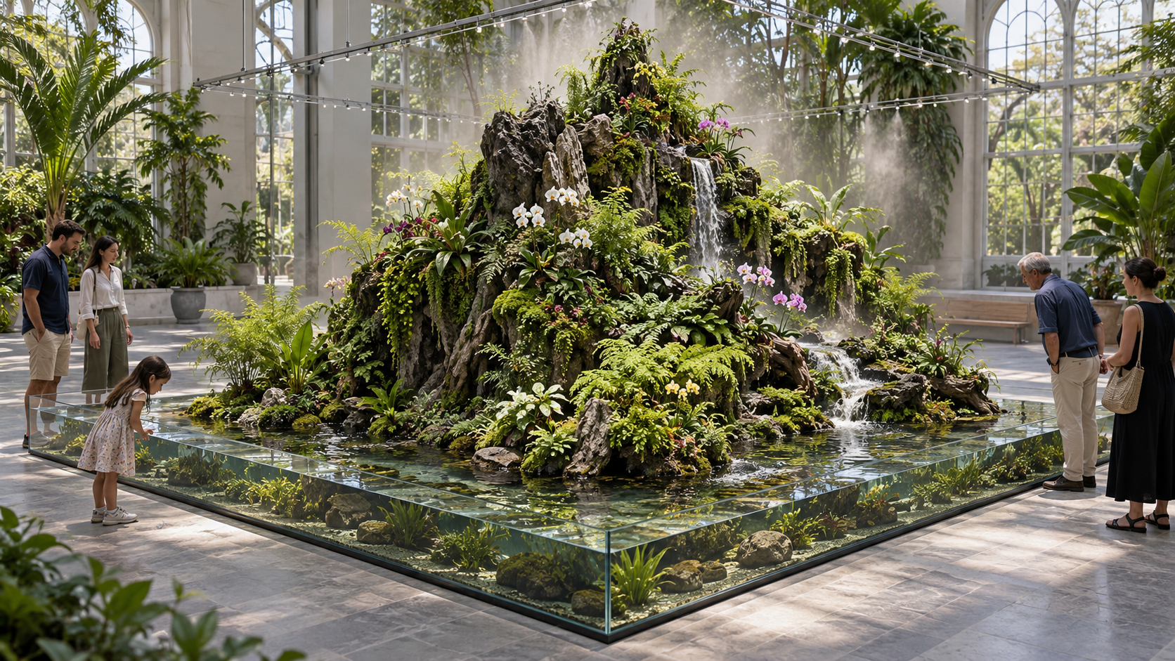 Example walk-around ecosystem with a planted cliff, low glass basin and visitors on multiple sides